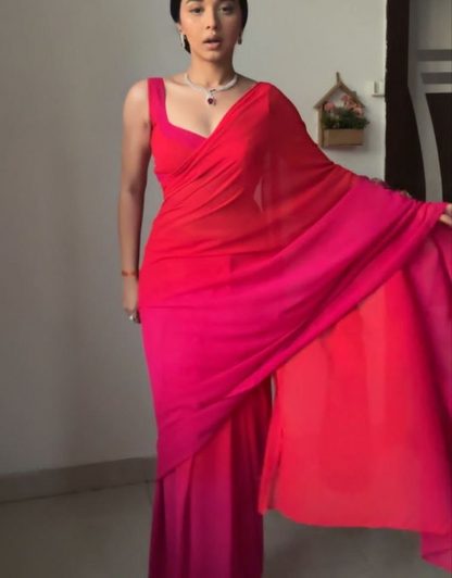 Ziya Pink And Red Ready To Wear Soft Silk Saree