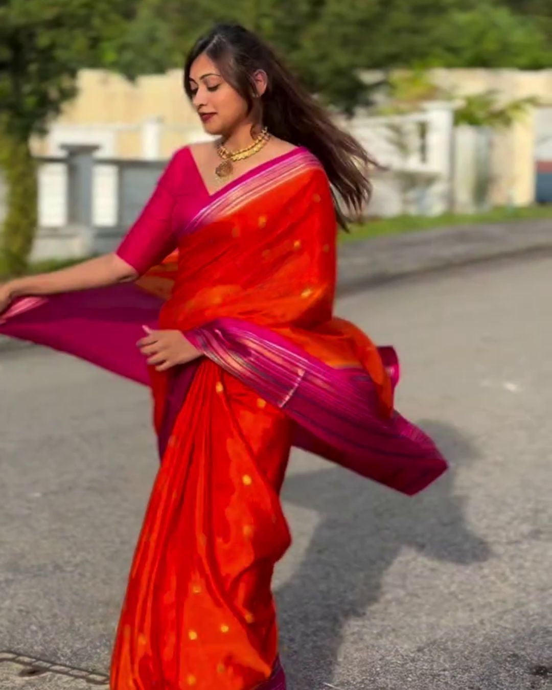 Neelima - Red Orange Soft Silk Saree with Zari Butta Border