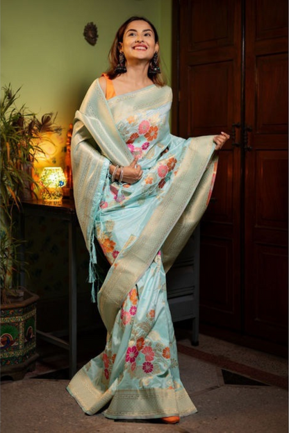 Aqua Allure - Floral Silk Saree