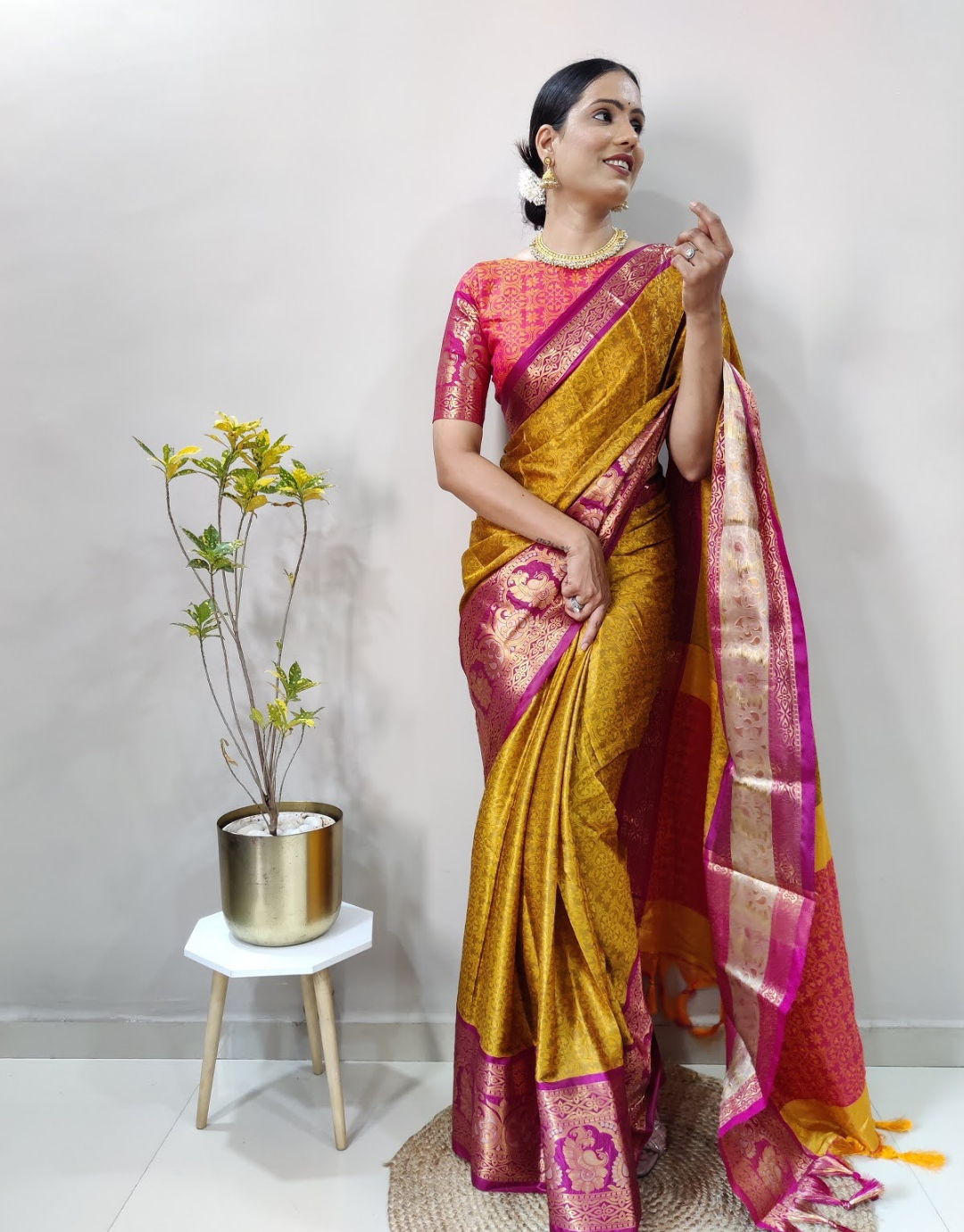 Ishika Musted Yellow-Purple Soft Silk Saree