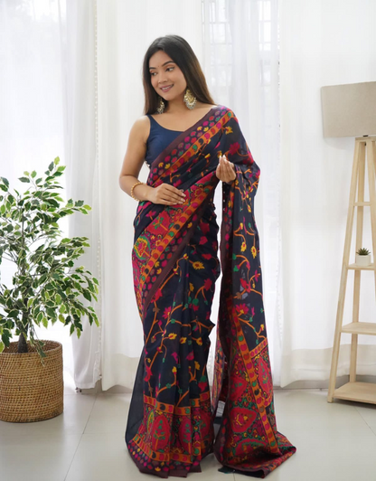 Mahira NavyBlue Cotton Woven Kashmiri Saree