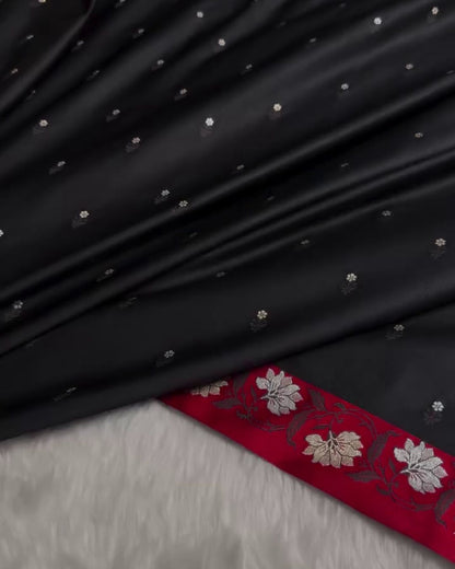 Indrani - Black Banarasi Satin Saree with Zari Floral Red Border