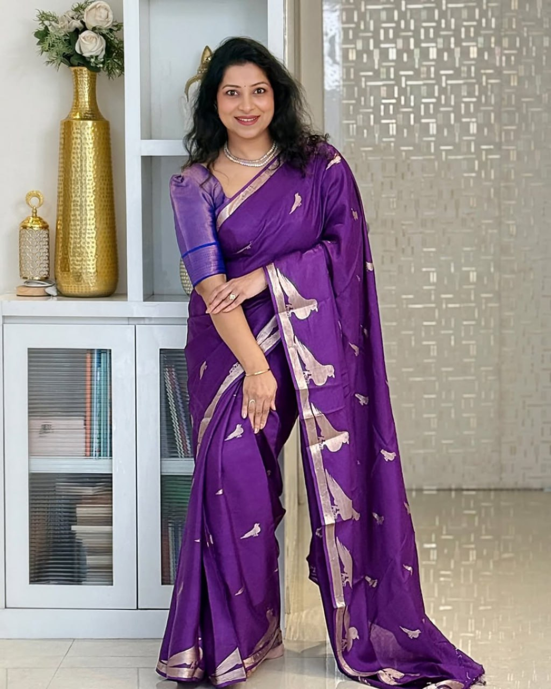 Sharvani - Violet Silk Saree with Leaf Motifs