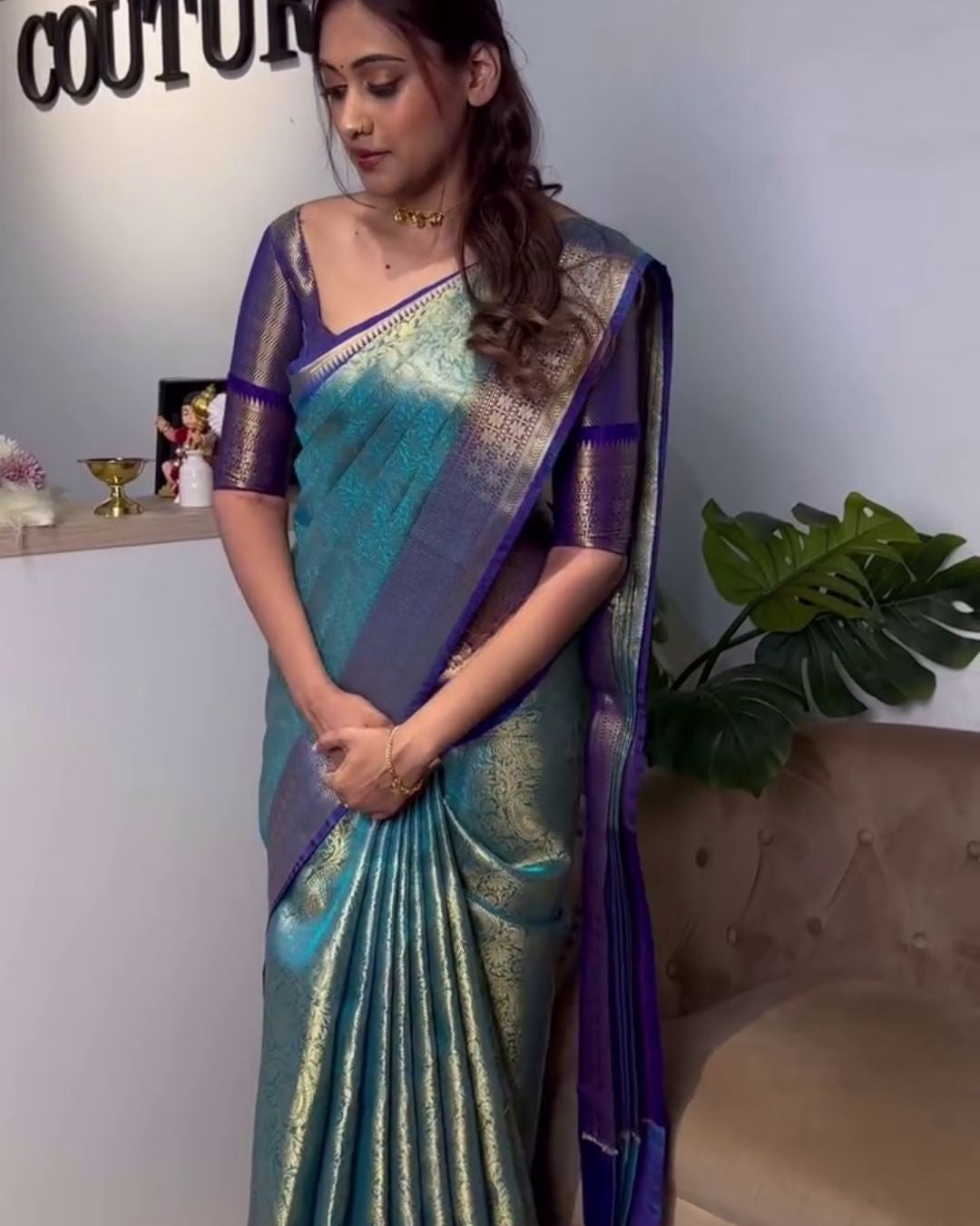 Dhriti - Teal Blue Banarasi Silk Saree with Zari Floral Border