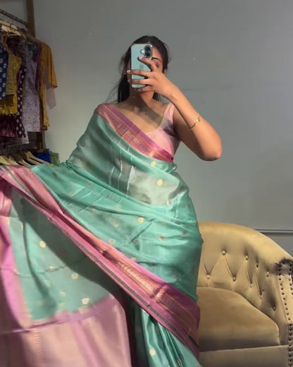 Taapsi - Sea Green Silk Blend Saree with Pink Zari Border
