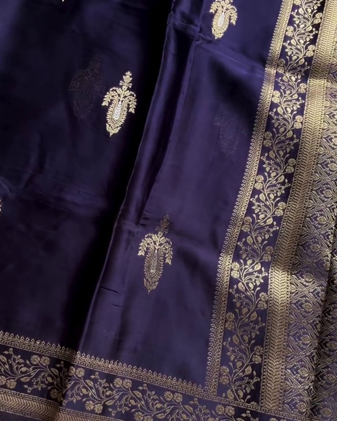 Varuni - Navy Blue Banarasi Silk Saree with Zari Floral Border