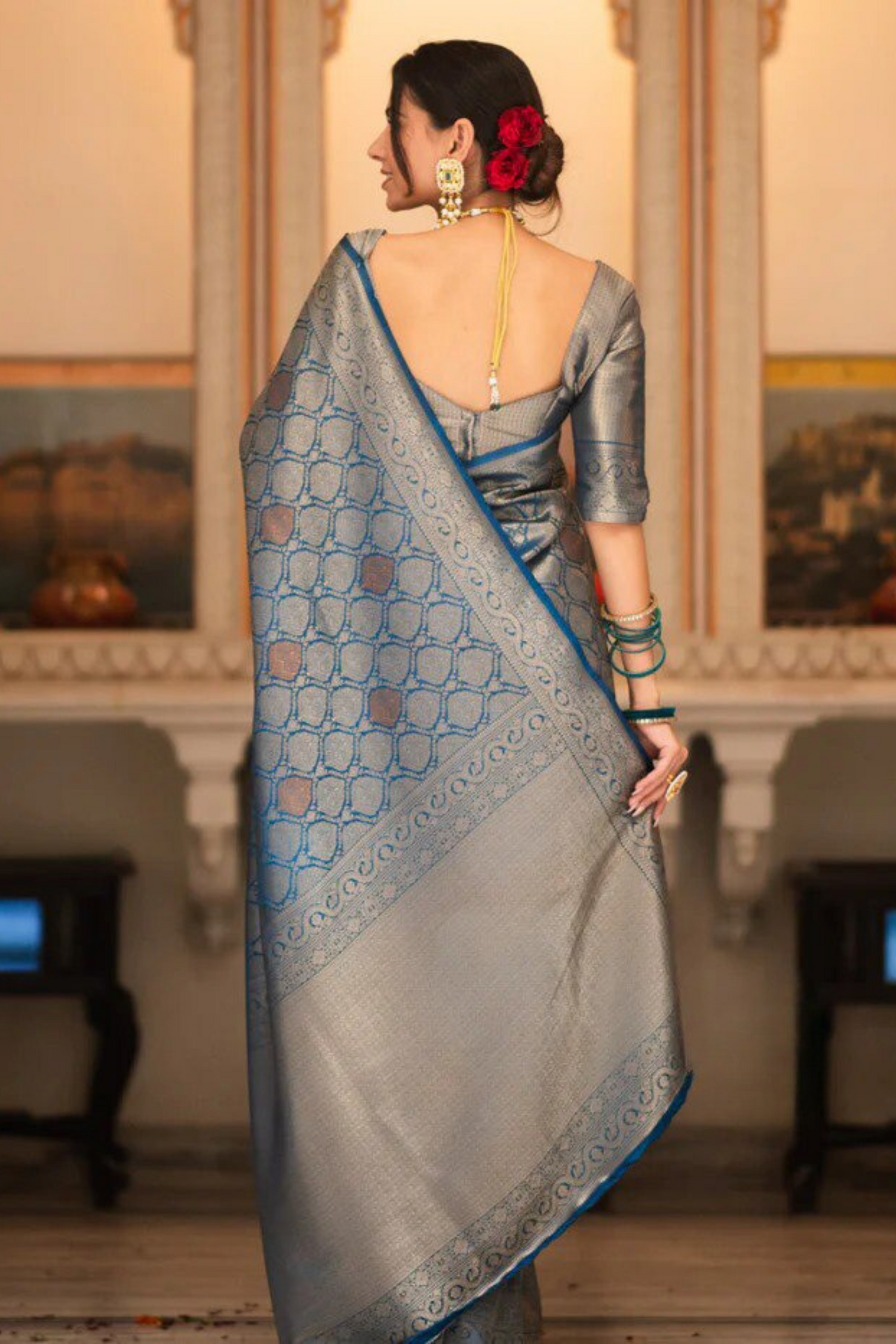 Blush Gleam - Blue - Banarasi Silk Saree