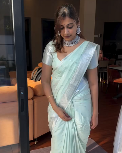 Mint Elegance - Organza Silk Saree