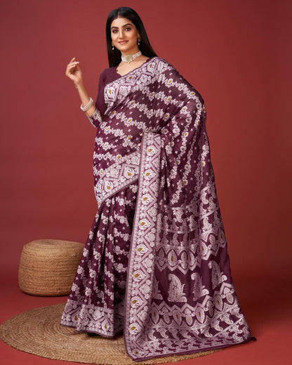 Kenvi Wine Banarasi Silk Saree