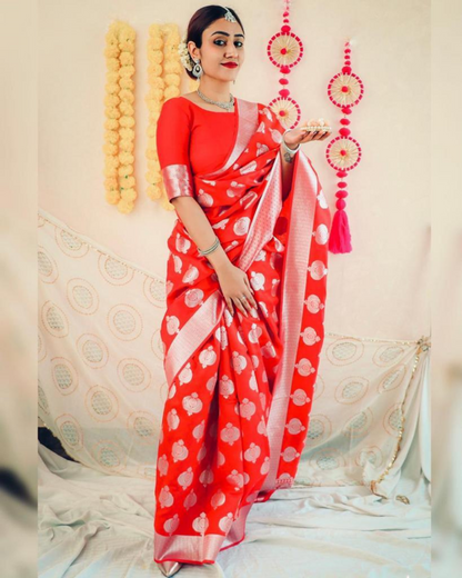 Prabhutha Red Banarasi Soft Silk Saree