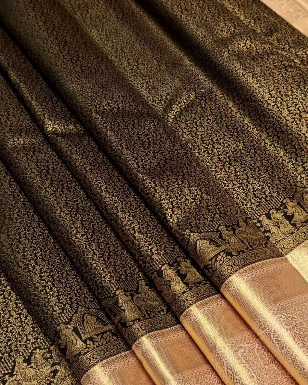 Qamra - Black Gold Banarasi Silk Saree with Zari Figurative Border