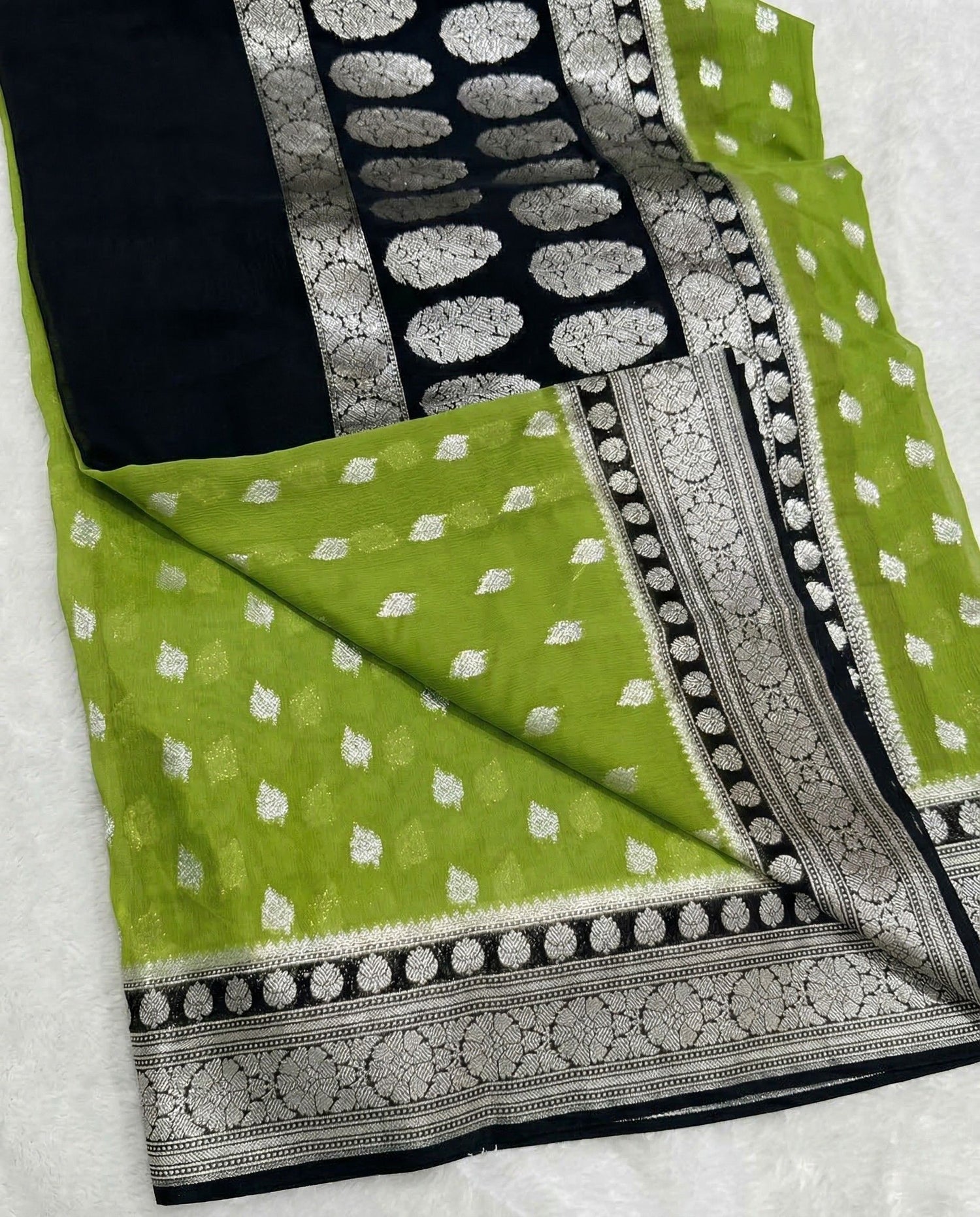Virangana - Parrot Green Silver Zari Banarasi Saree