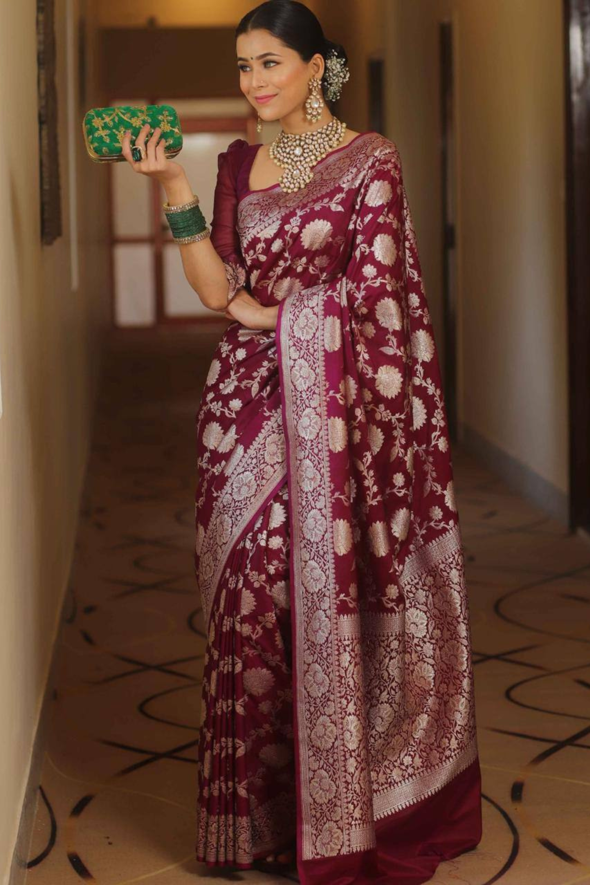 Burnished Sunbeam - Wine Lichi Soft Silk Saree