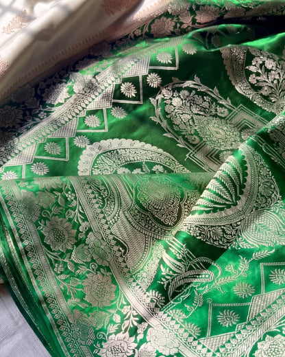 Zakhi - Emerald Green Ivory Floral Zari Saree