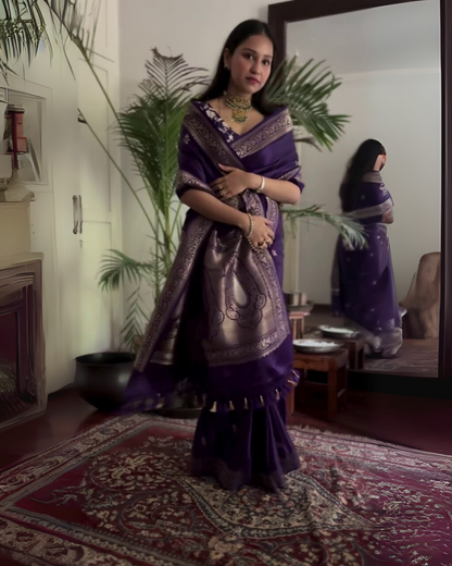 Rohini - Purple Banarasi Silk Saree with Silver Zari Border &amp; Butta Weave