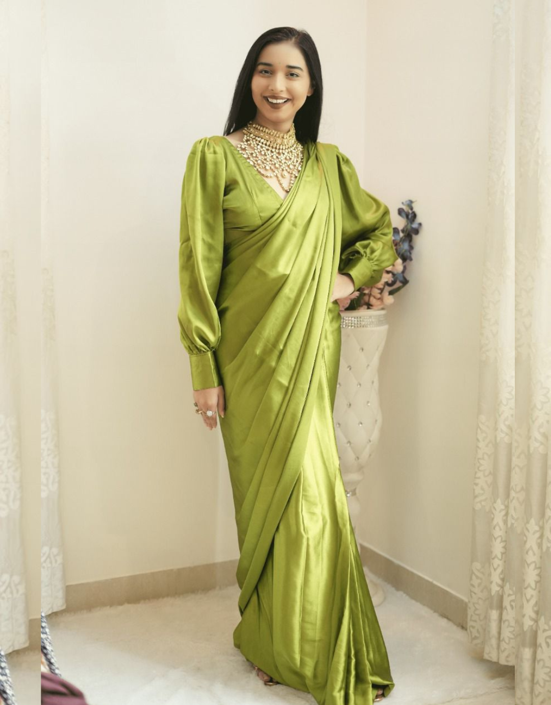 Kinjal Green Ready To Wear Satin Silk Saree