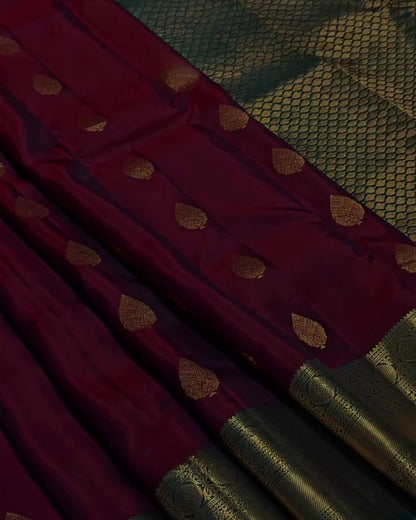 Mahima - Wine Kanchipuram Silk Saree with Rama Zari Border