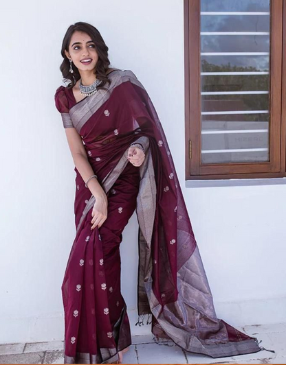 Vishwa Wine Linen Cotton Saree