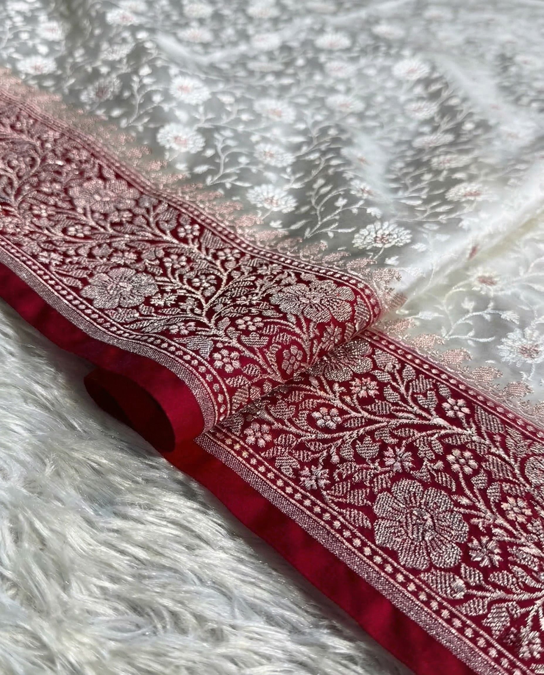 Sudhira - Ivory Banarasi Mashru Katan Silk Saree with Red Zari Border