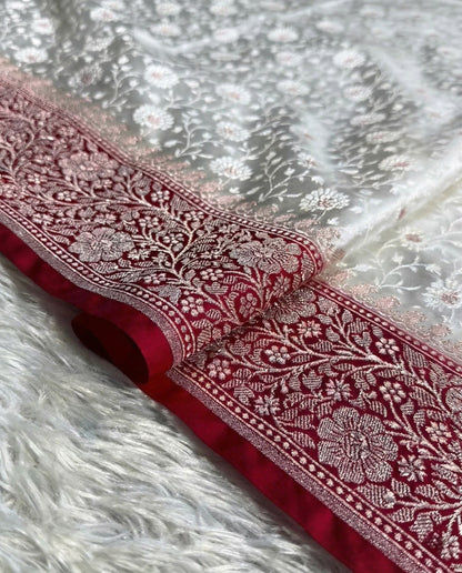 Sudhira - Ivory Banarasi Mashru Katan Silk Saree with Red Zari Border