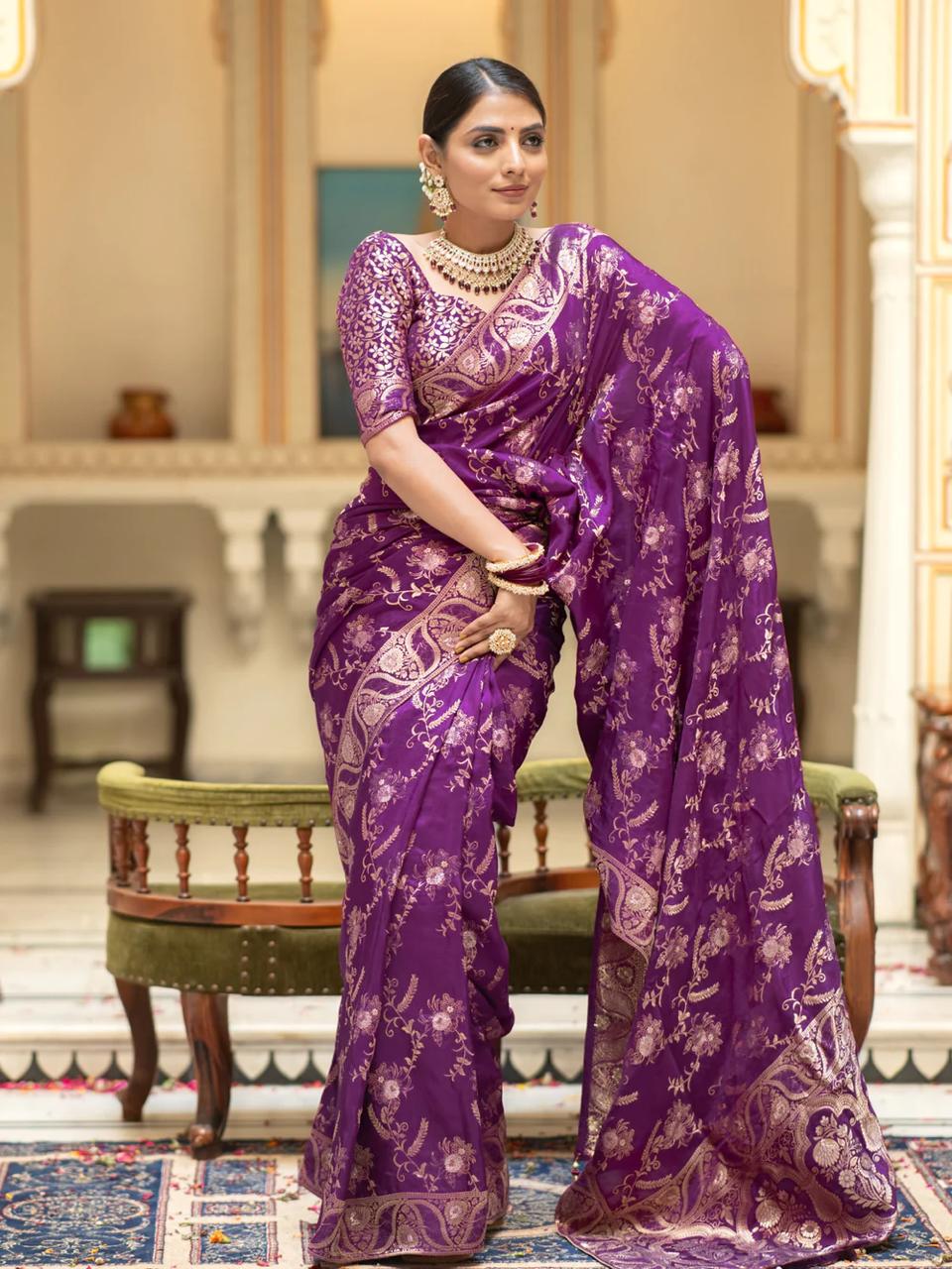 Hema Purple Banarasi Silk Saree WIth Fabulouse Blouse Piece