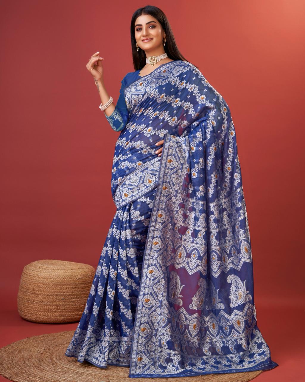 Kenvi Blue Banarasi Silk Saree