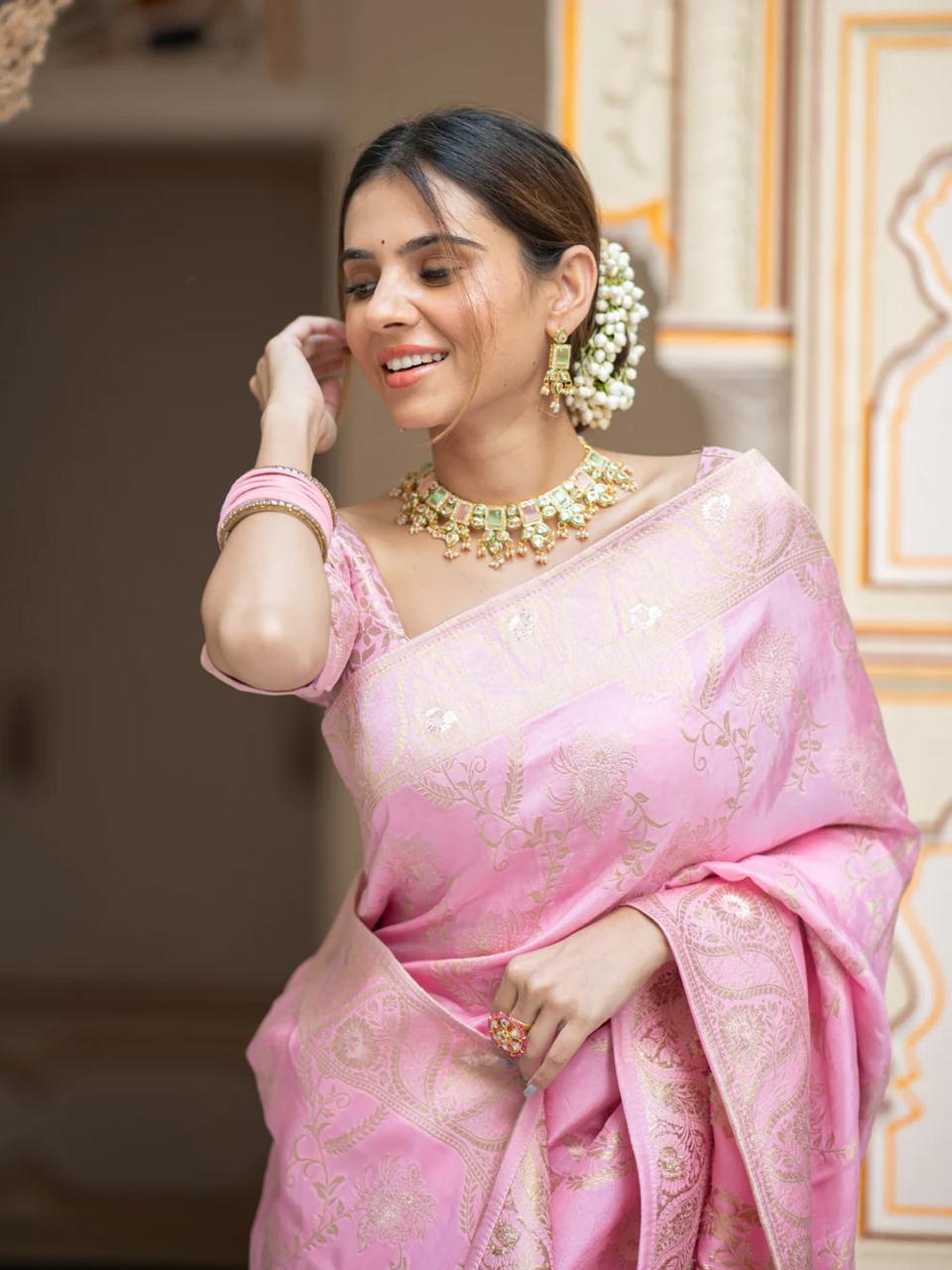 Hema Onion Pink Banarasi Silk Saree