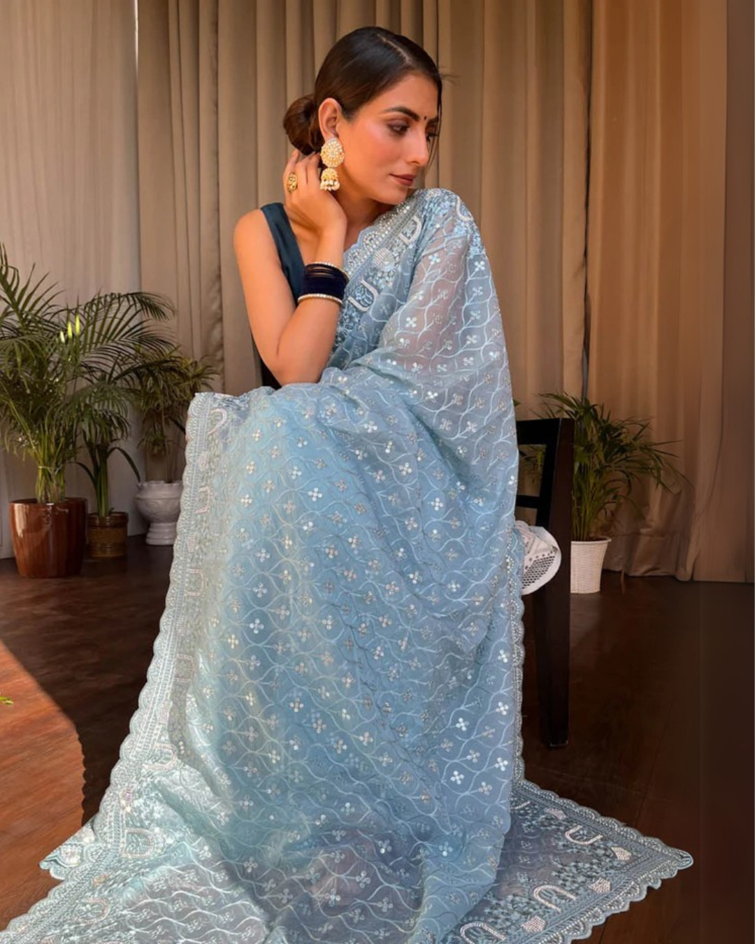 Azure Bloom - Organza Silk Saree