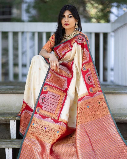 Naina OffWhite Banarasi Silk Saree