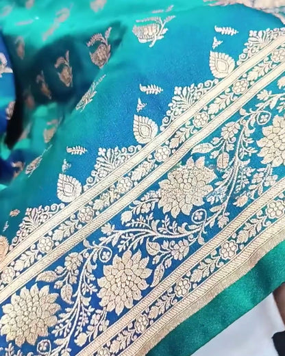 Mrunal - Teal Blue Banarasi Silk Saree with Zari Floral Border