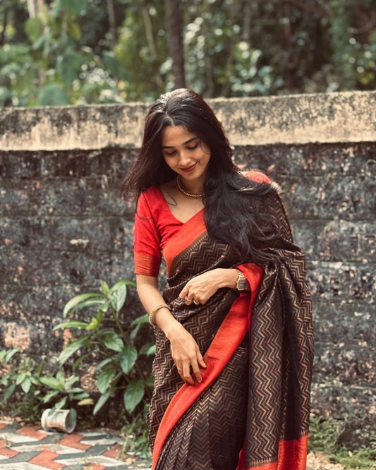 Nivriti - Coffee Brown Handloom Saree with Red Border