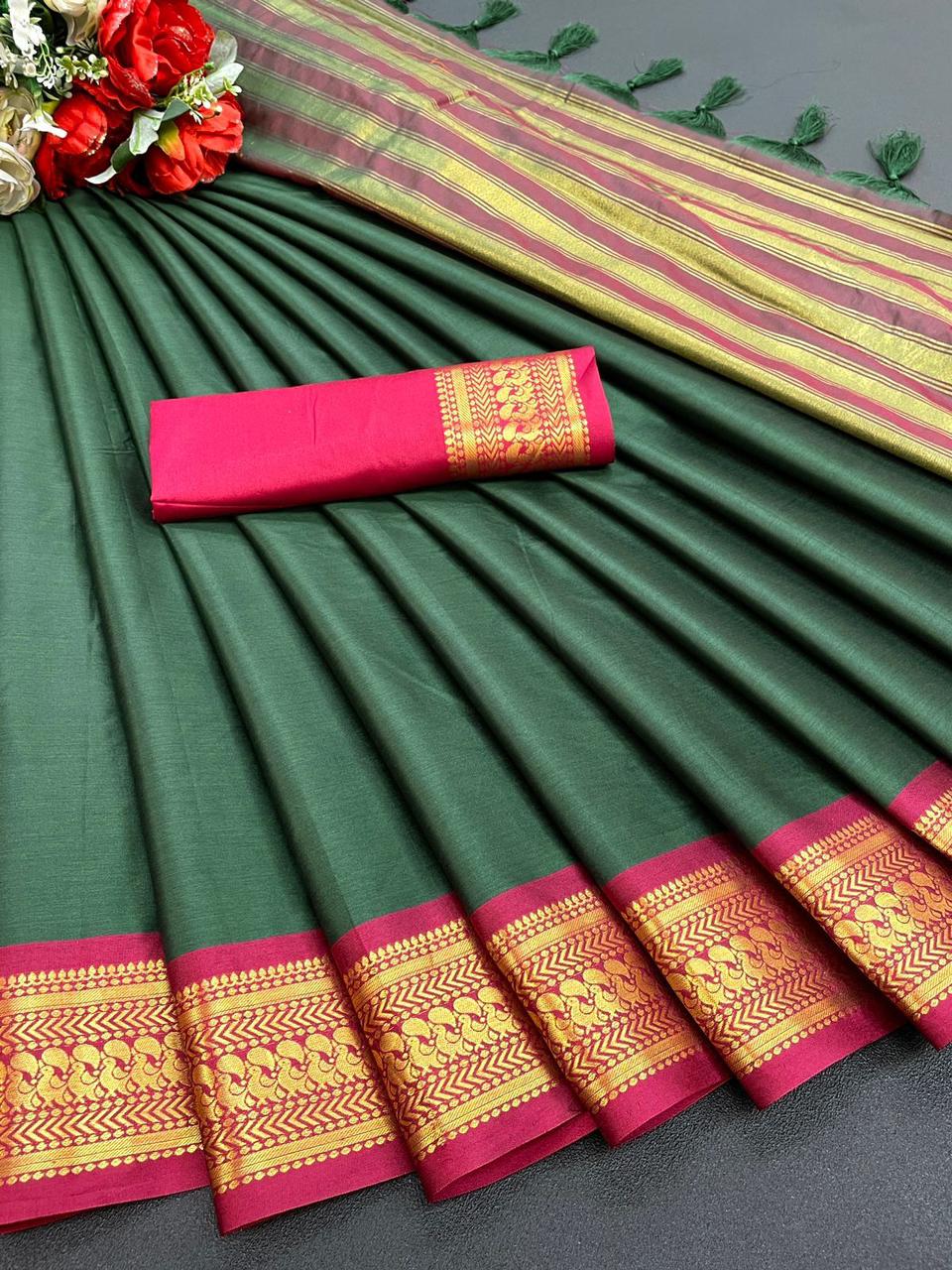 Harshita Green Coloured Cotton Silk Saree