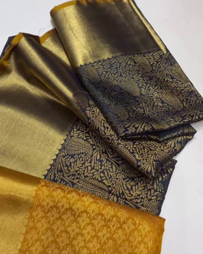 Zinta - Mustard Gold Black Traditional Silk Saree