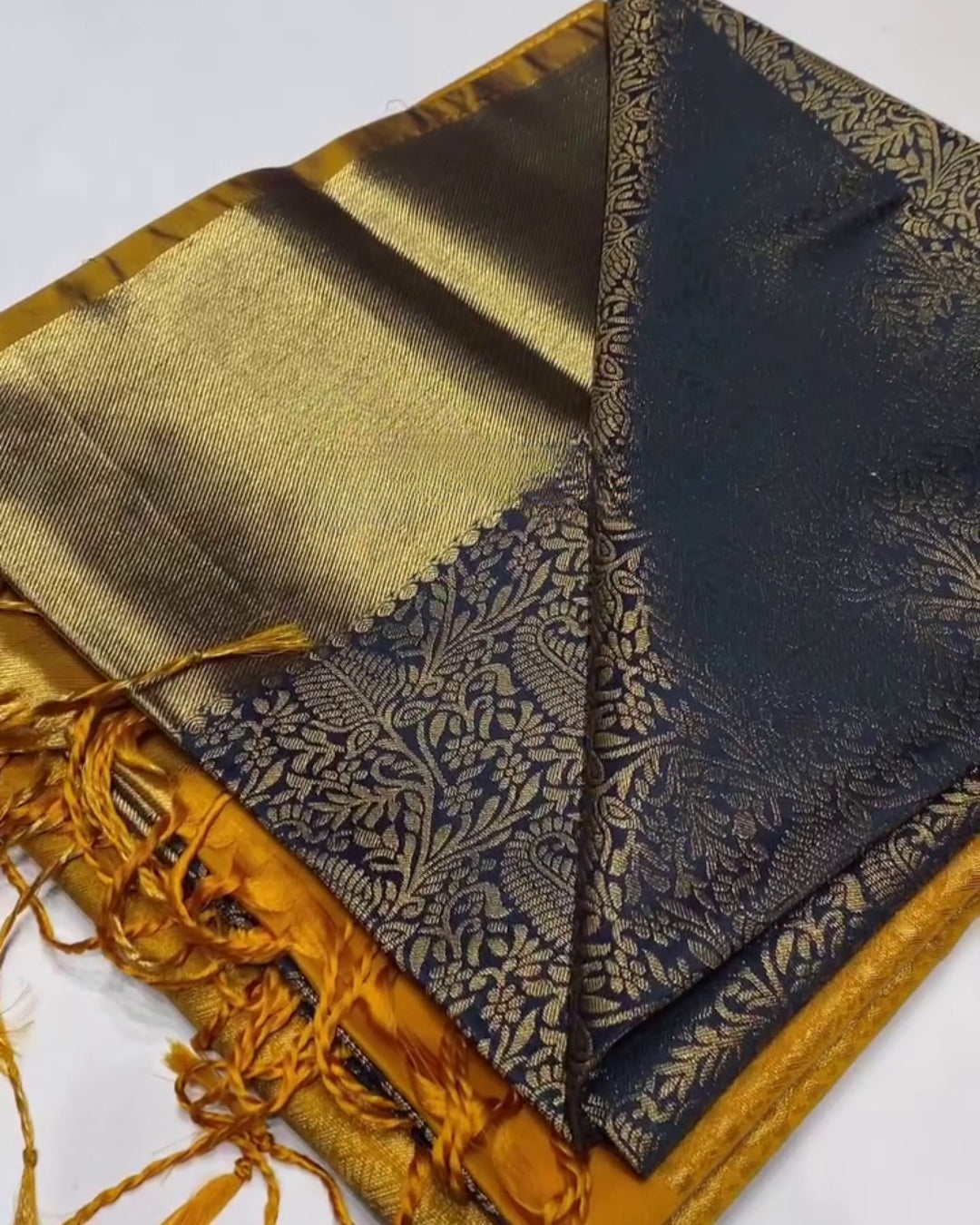 Zinta - Mustard Gold Black Traditional Silk Saree