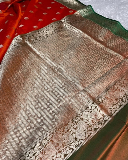Vasudha - Red Silver Zari Floral Green Border Saree