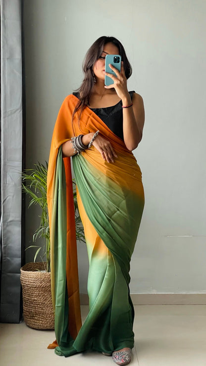 1 MIN Ready To Wear Dark Yellow- Green  Dual shade Saree - Kachi Keri