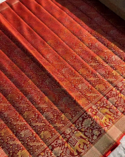 Adhya - Rust Vermilion Elephant Heritage Silk Saree