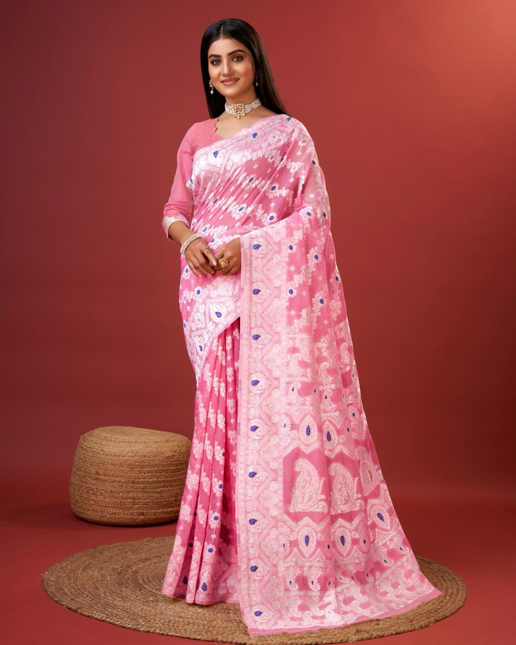 Kenvi Pink Banarasi Silk Saree