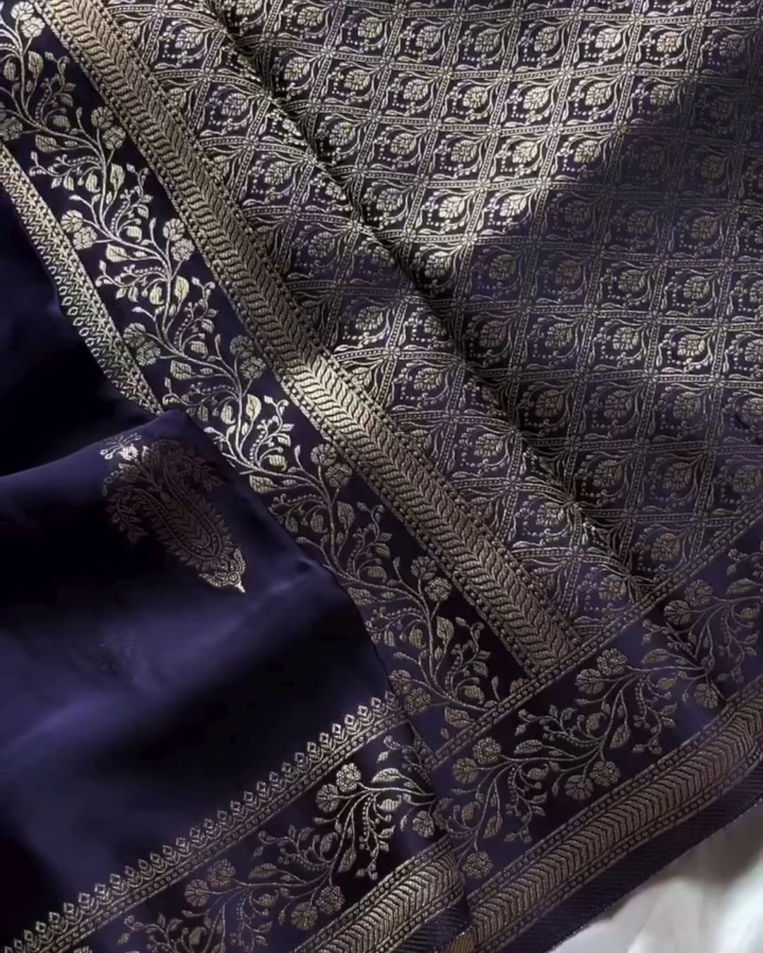Varuni - Navy Blue Banarasi Silk Saree with Zari Floral Border