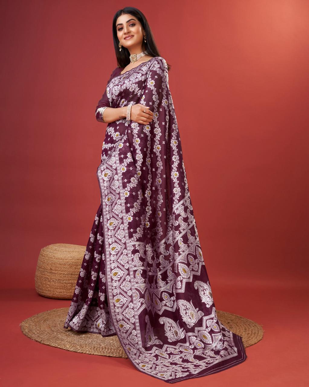 Kenvi Wine Banarasi Silk Saree