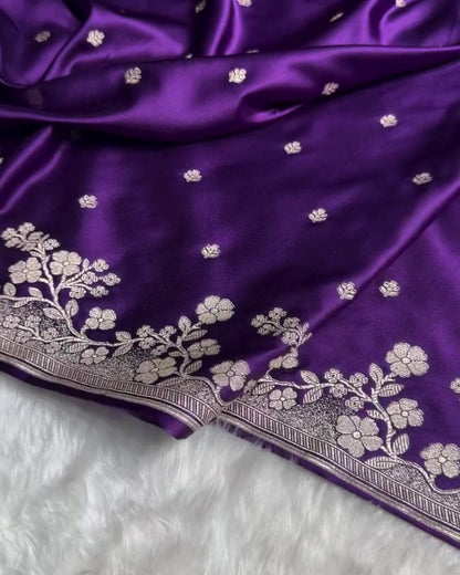 Niyara - Purple Banarasi Satin Saree with Zari Floral Border