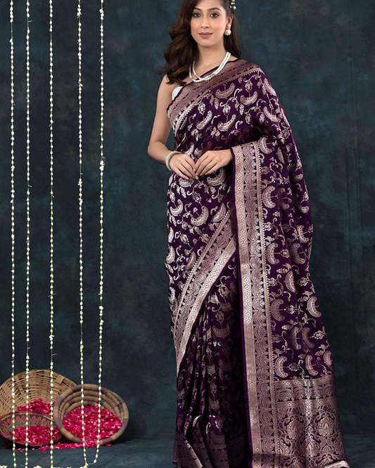 Aarvi - Plum Banarasi Saree with Silver Zari