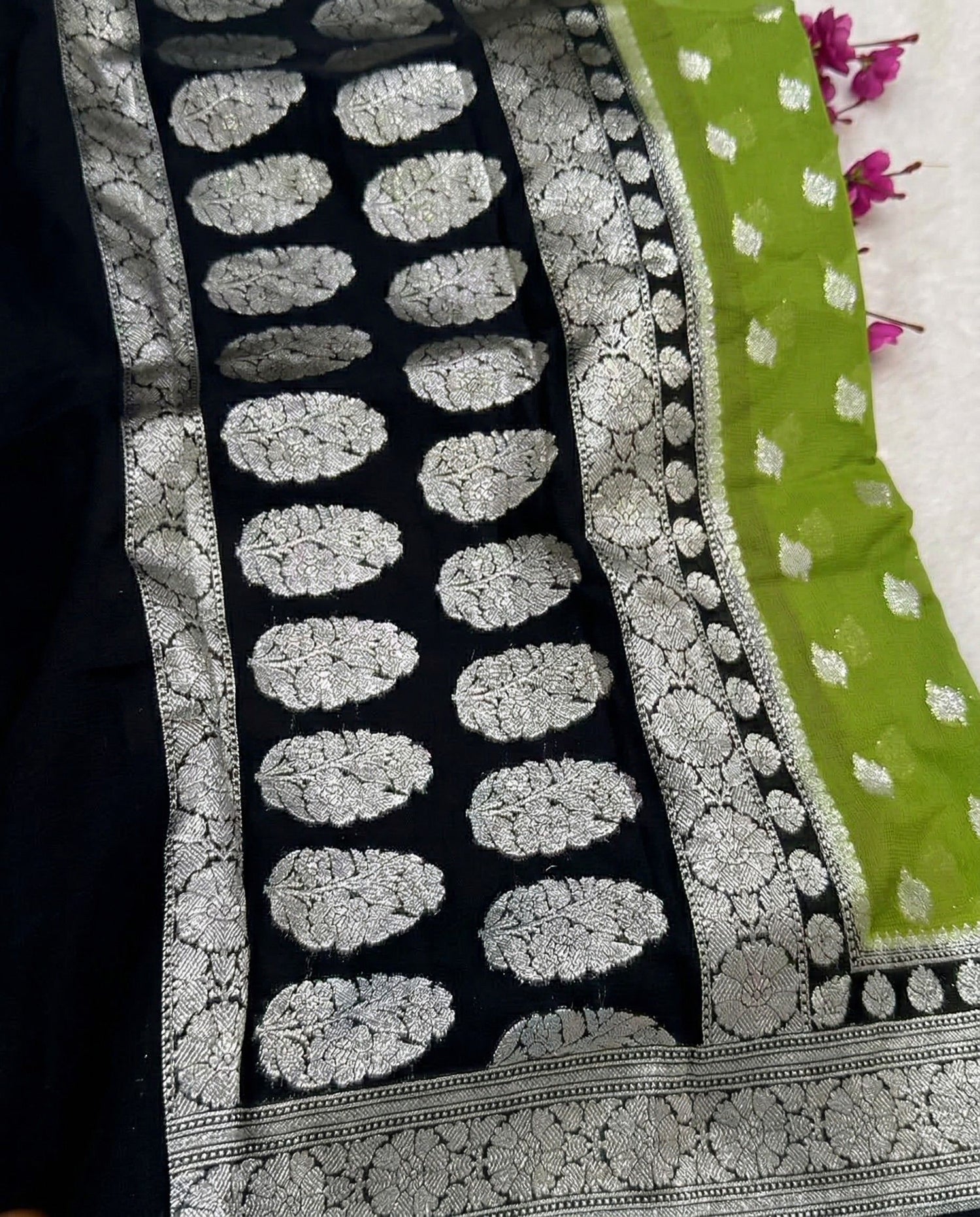 Virangana - Parrot Green Silver Zari Banarasi Saree