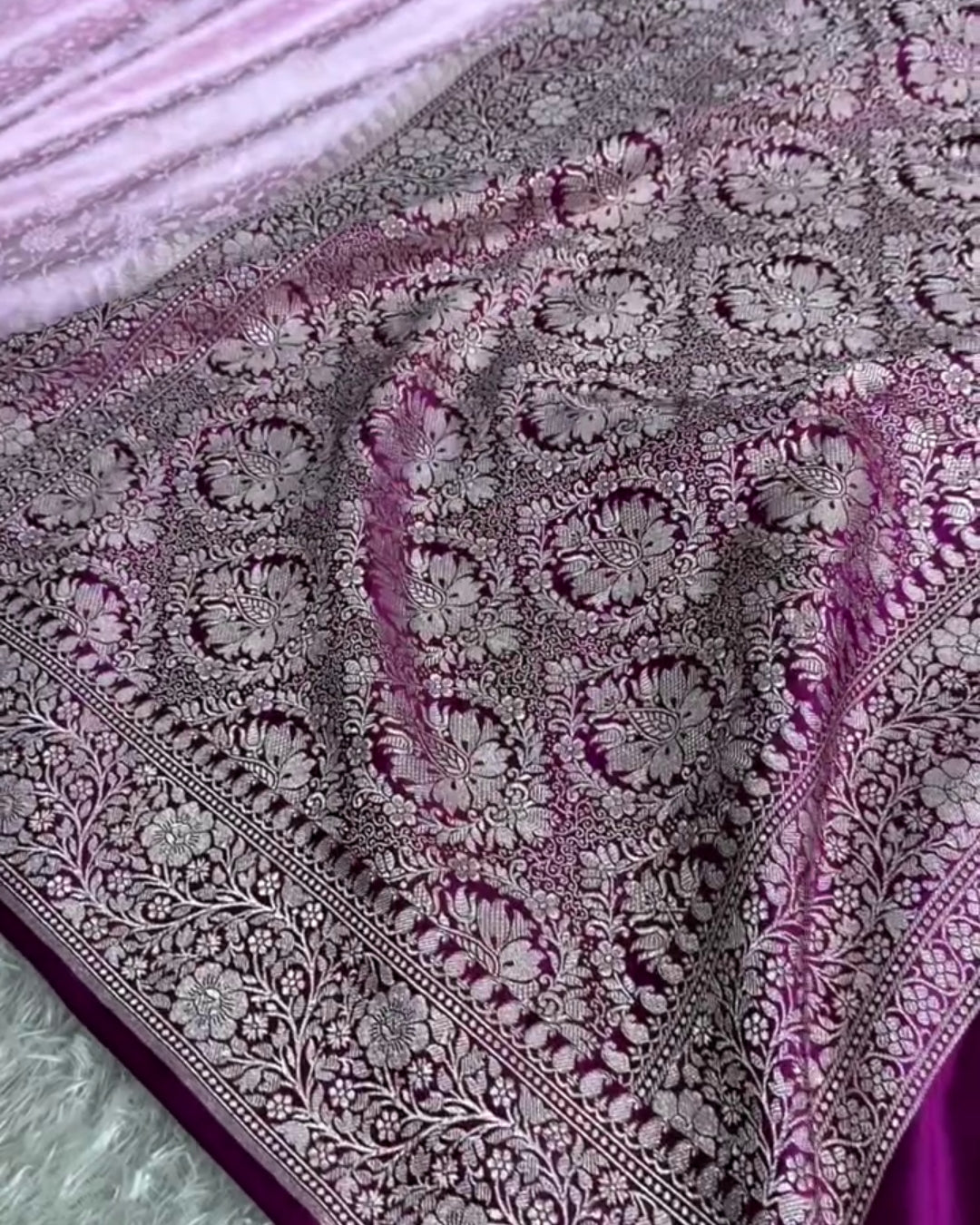 Avanti - Lavender Floral Banarasi Style Saree With Wine Border