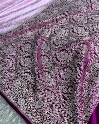 Avanti - Lavender Floral Banarasi Style Saree With Wine Border