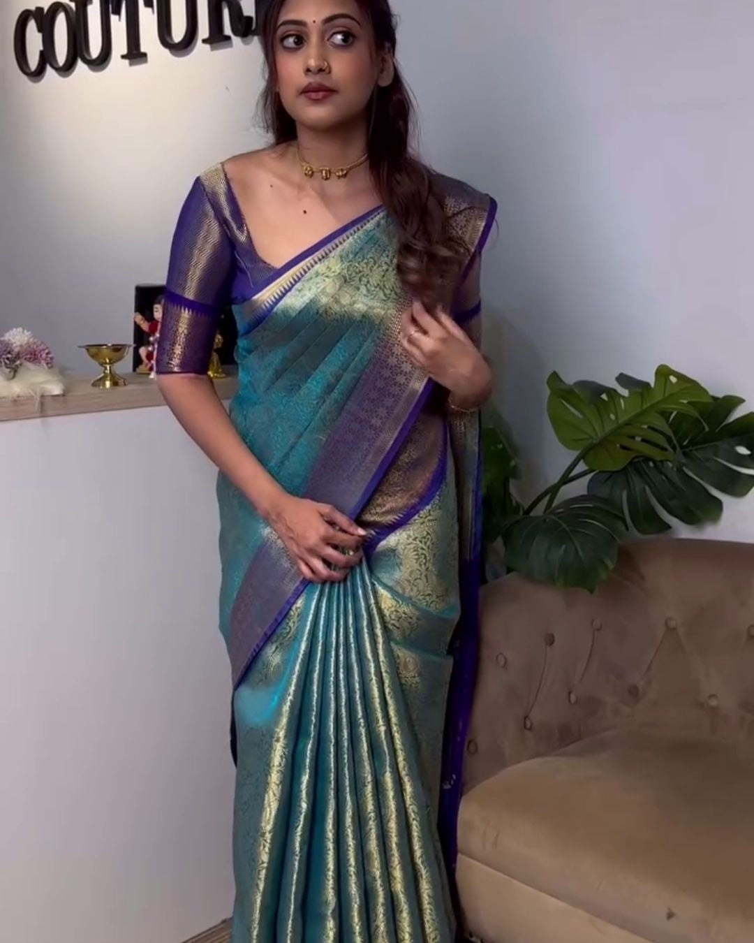 Dhriti - Teal Blue Banarasi Silk Saree with Zari Floral Border