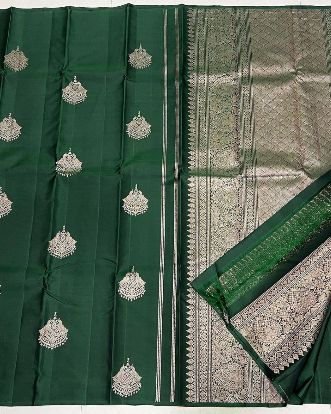 Ishira - Bottle Green Saree with Silver Zari Work