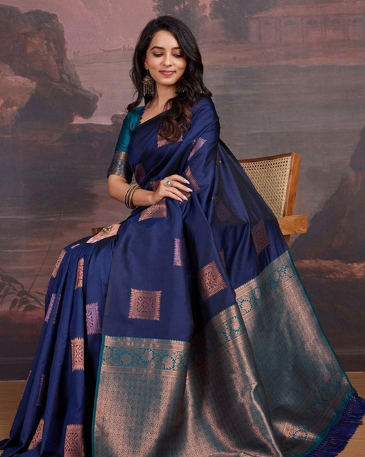 Liyana - Navy Blue Soft Silk Saree with Woven Squares