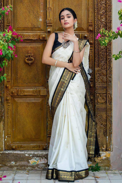 Shimmering Gold - White Lichi Soft Silk Saree