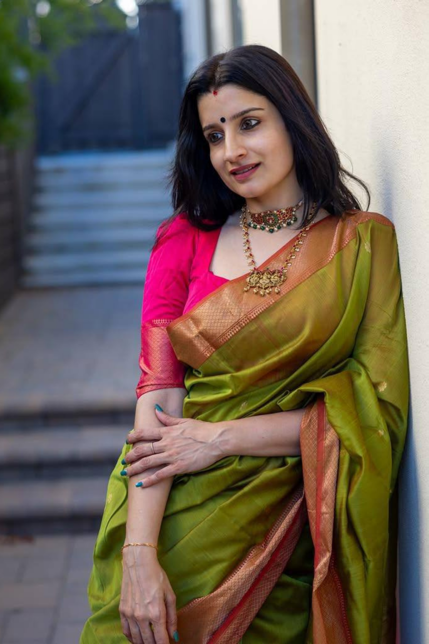 Fern Symphony - Green-Red Lici Soft Silk Saree